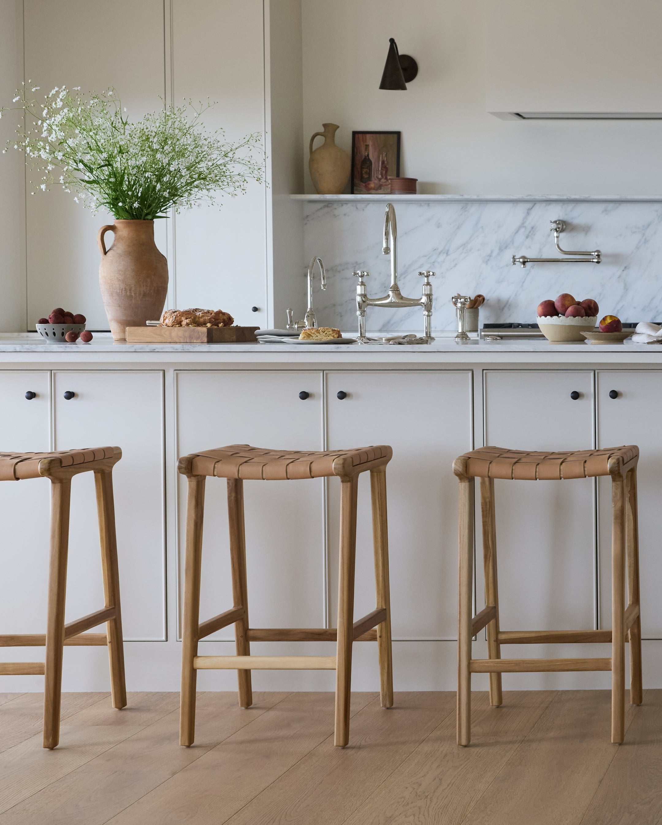 Stool 3 Counter Stool in Teak with Woven Neutral Leather Hati Home