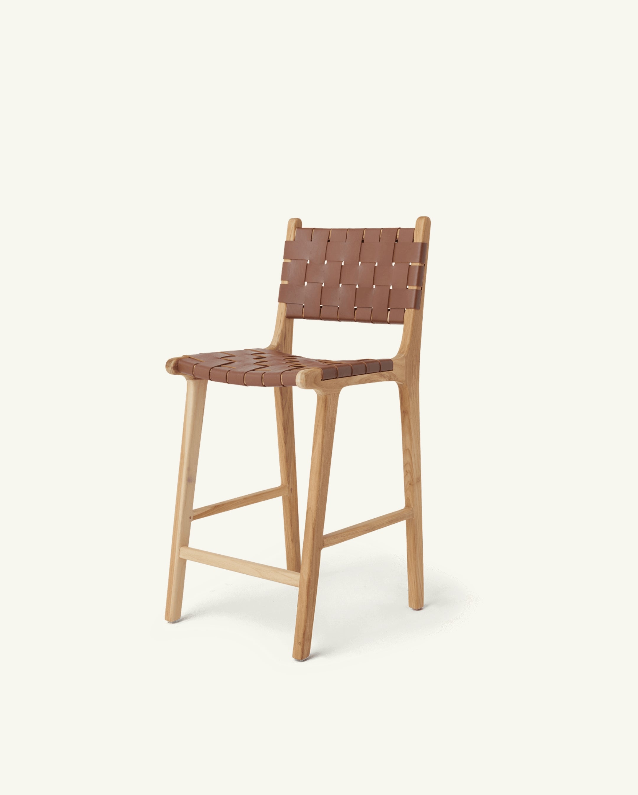 Stool #2 - Counter Stool in Teak with Woven Neutral Leather – Hati 